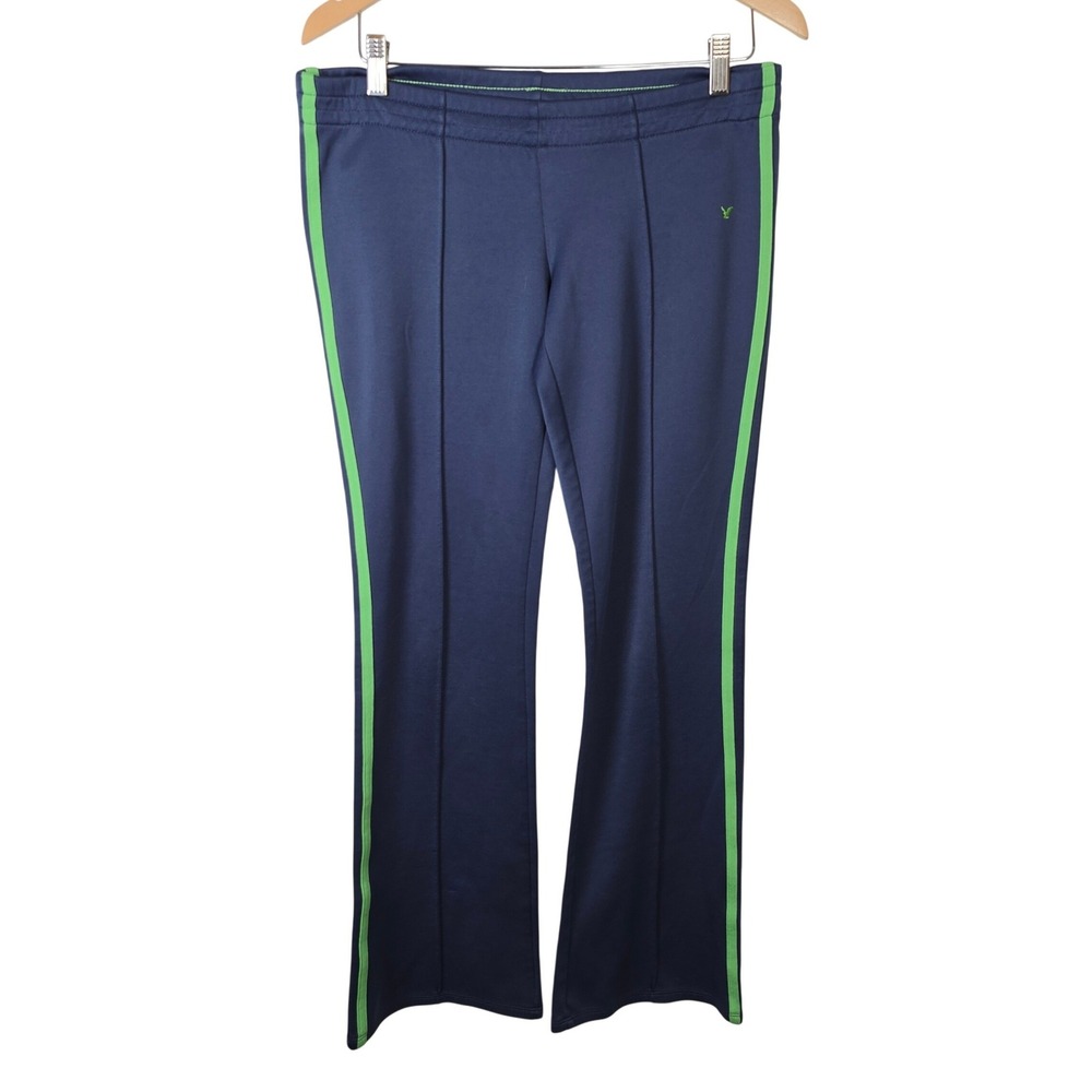 American Eagle Navy Blue Lime Green Side Stripe Track Low Rise Pants Small Y2K